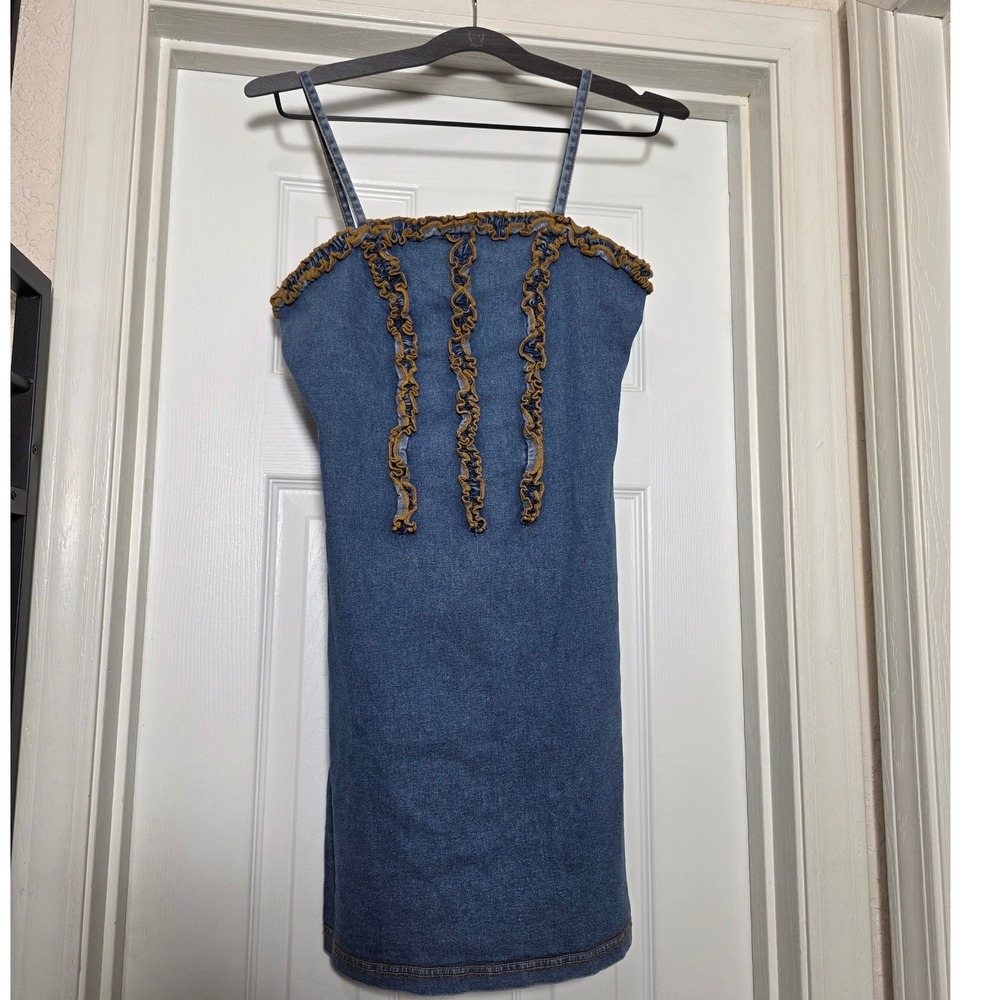 Aqua Blues Denim Ruffle Mini Dress Blue Spaghetti Strap Y2K Size Small Vintage